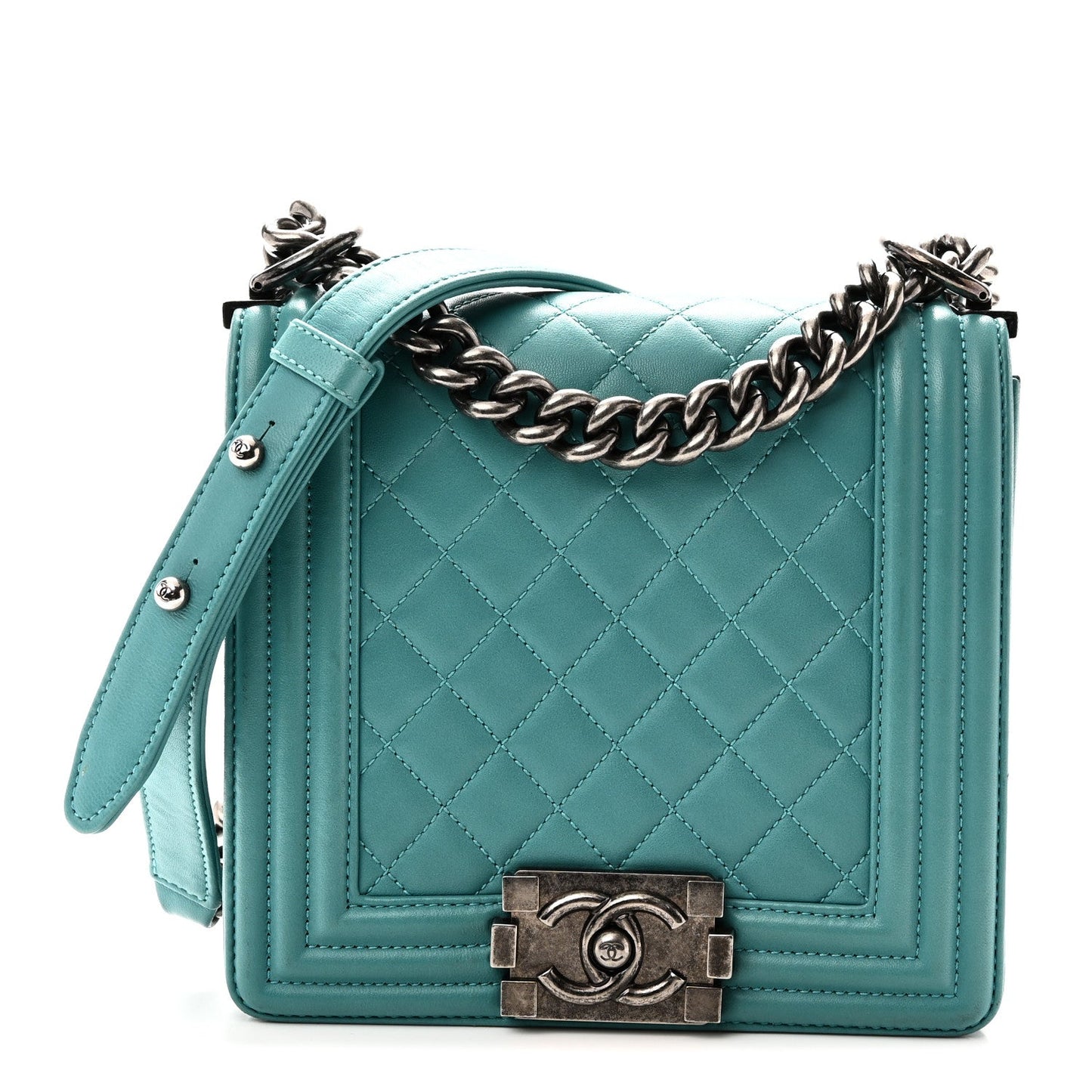 Calfskin Quilted North South Boy Flap Turquoise