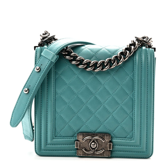 Calfskin Quilted North South Boy Flap Turquoise