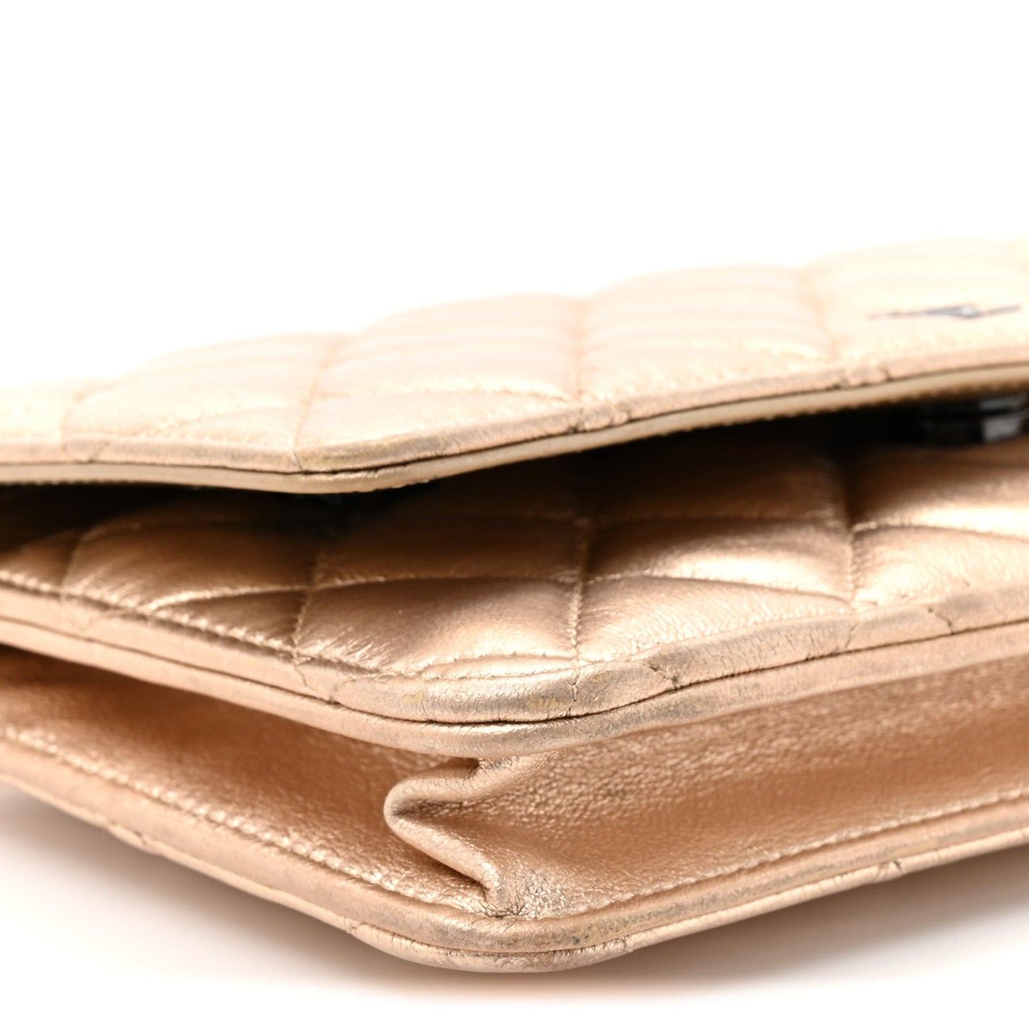 Metallic Lambskin Quilted Wallet On Chain WOC Gold Black