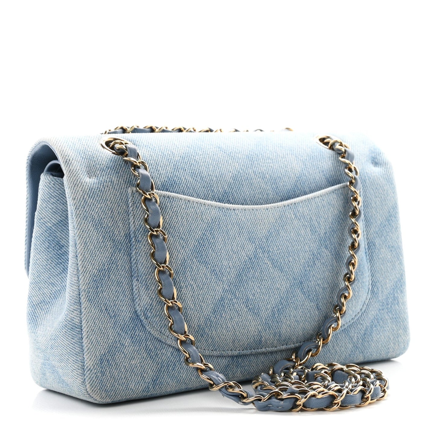 Printed Denim Quilted Small Double Flap Light Blue