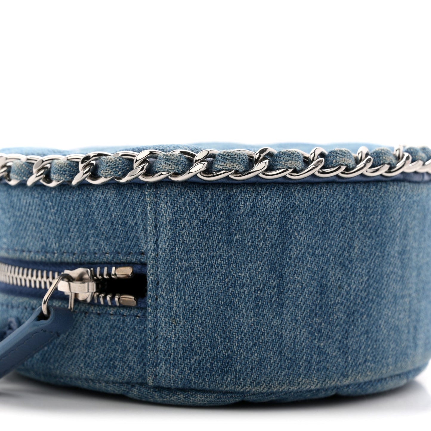 Denim Quilted Round Clutch With Chain Blue