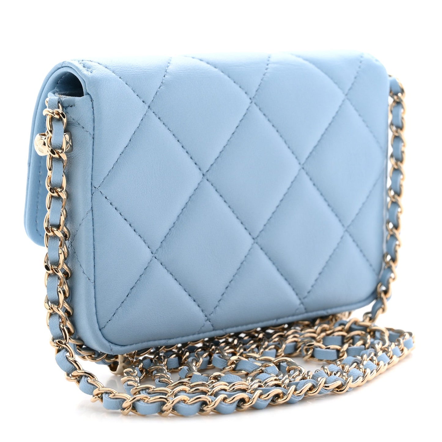 Lambskin Quilted Chain Around Coin Purse With Chain Light Blue