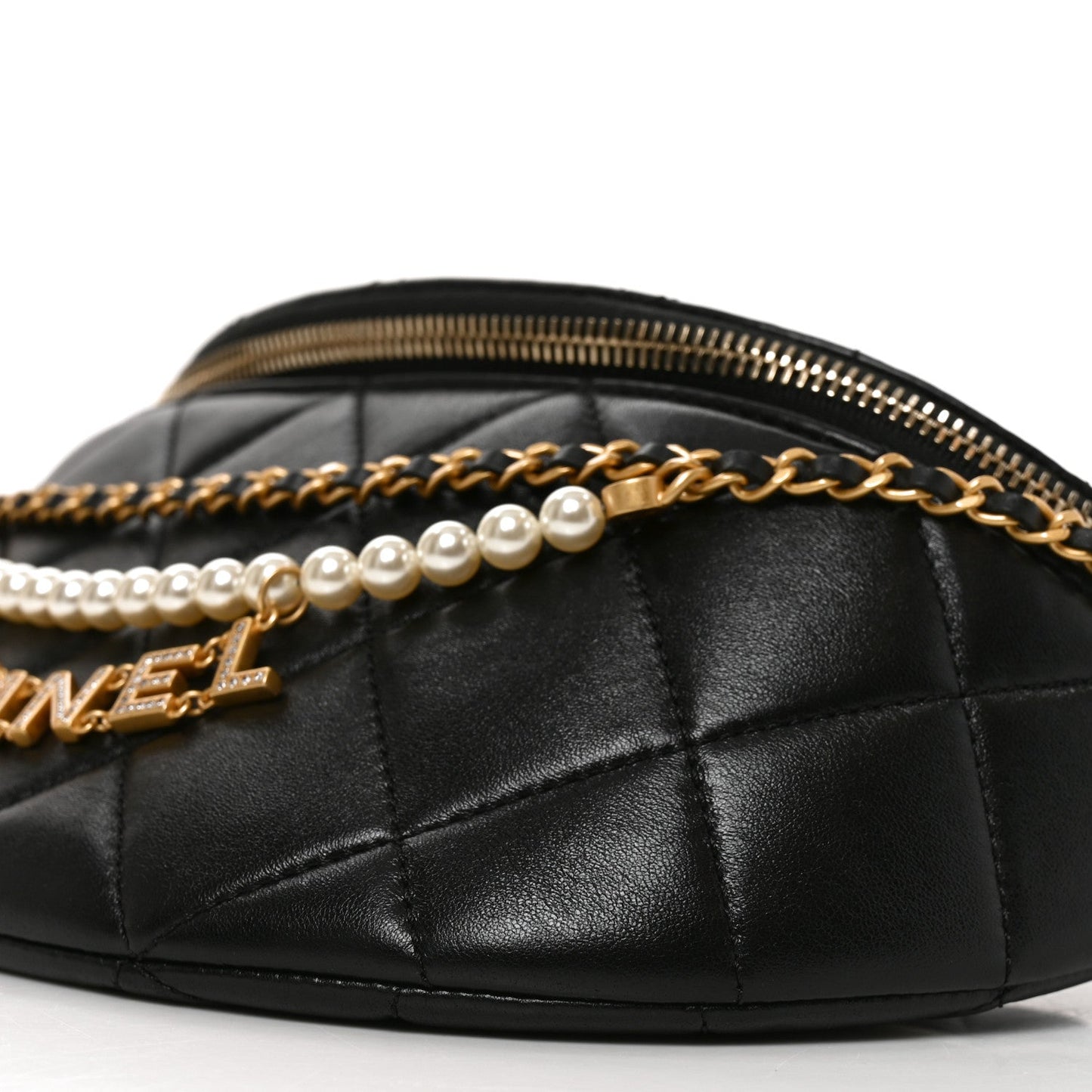 Shiny Lambskin Quilted Pearl Logo Waist Bag Black
