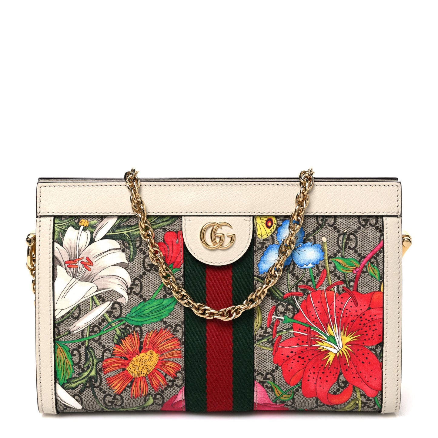 GG Supreme Monogram Flora Web Small Ophidia Chain Shoulder Bag White
