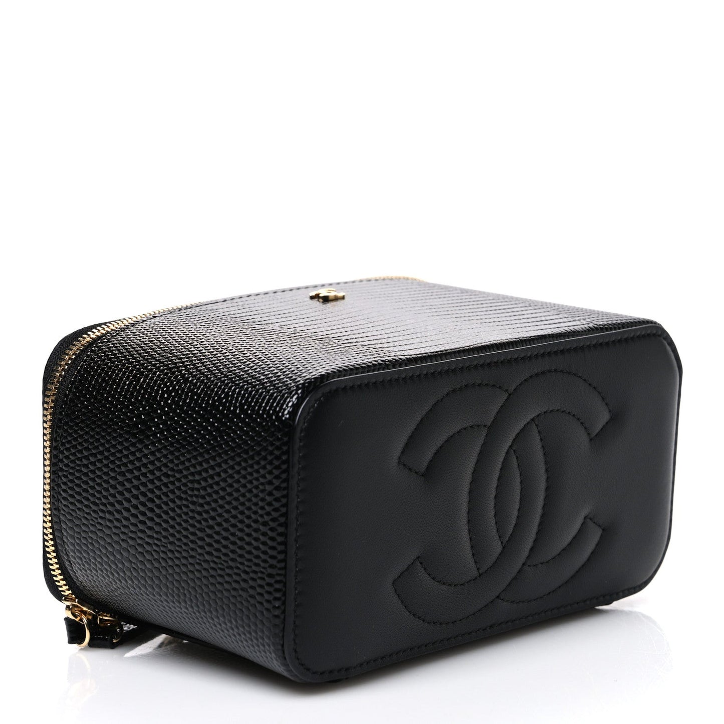 Calfskin Lizard Embossed Top Handle Vanity With Chain Black