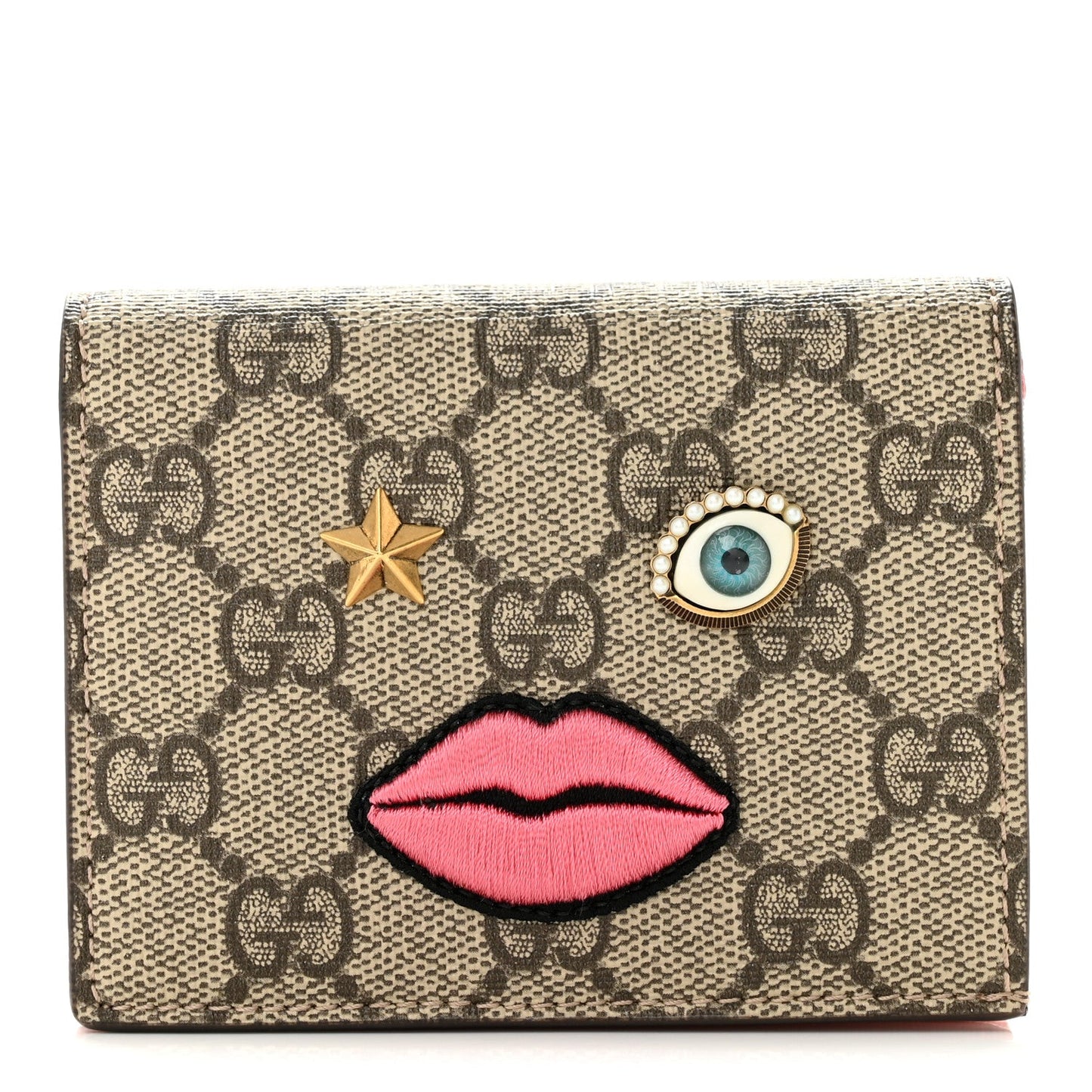 GG Supreme Monogram Face Embroidered Card Case Wallet Pink