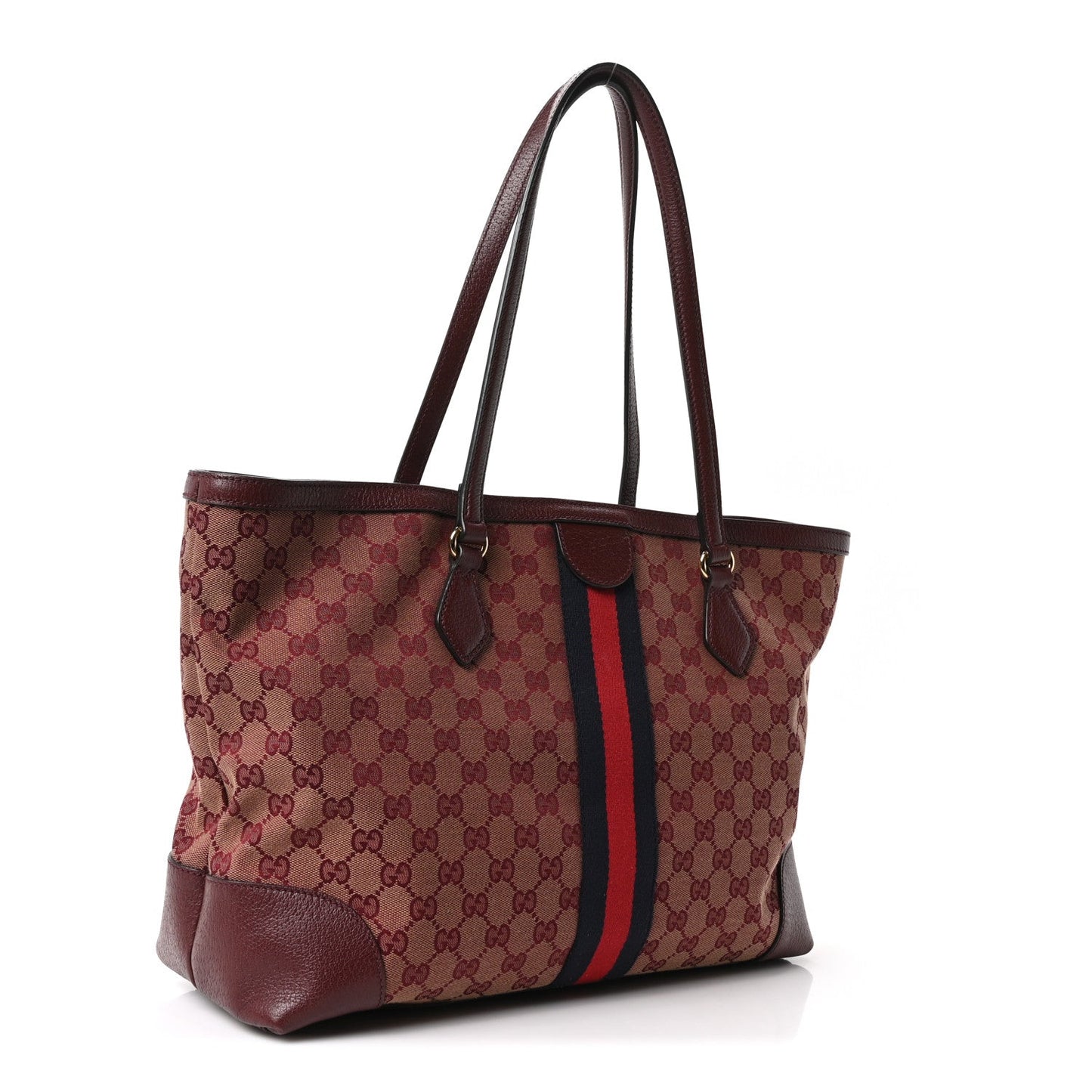 Monogram Textured Dollar Calfskin Web Medium Ophidia Shopping Tote Sahara Rubino Chardonnay