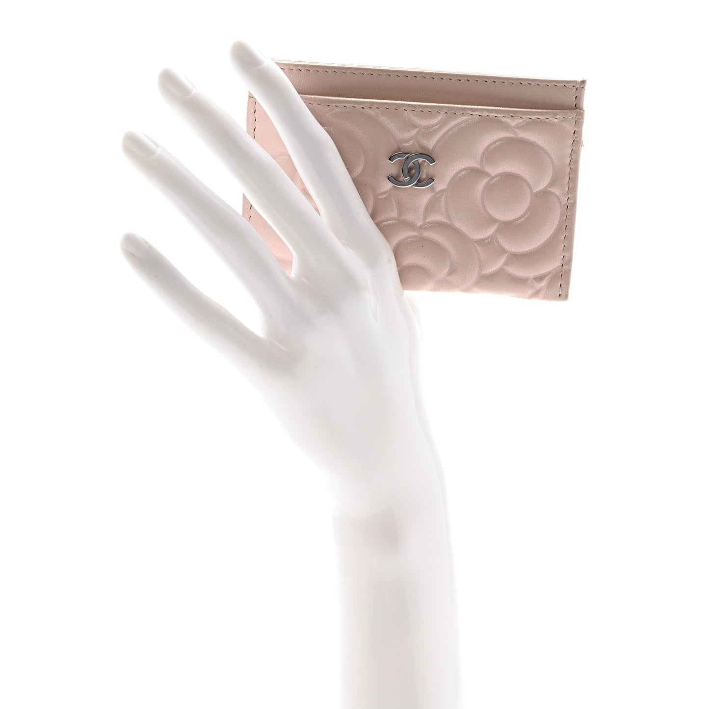 Iridescent Lambskin Camellia Embossed Card Holder Light Pink