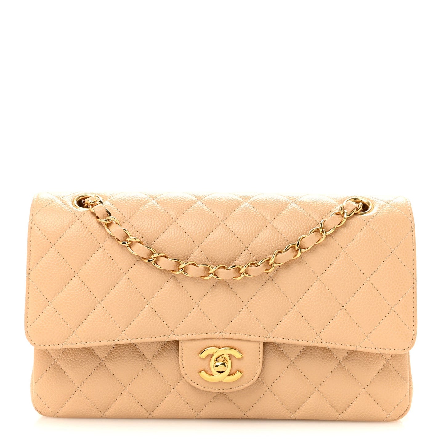 Caviar Quilted Medium Double Flap Beige