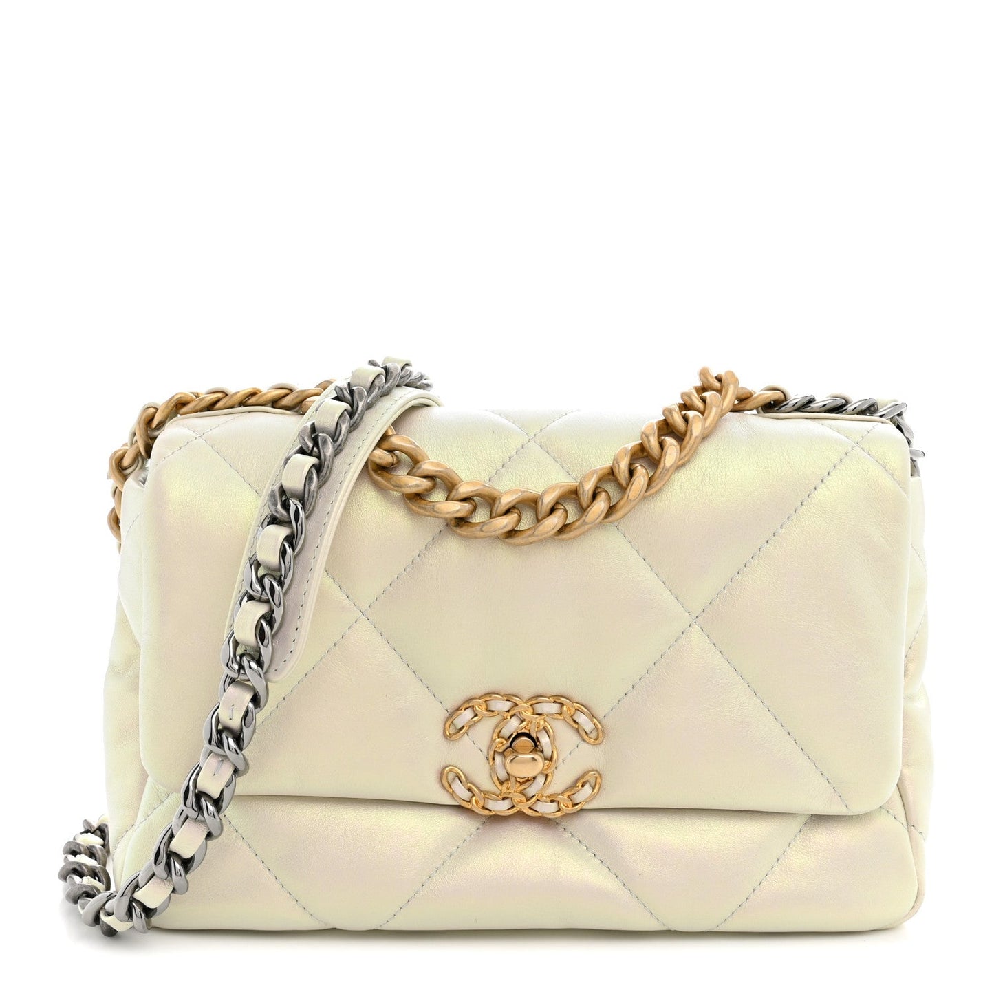 Iridescent Calfskin Quilted Medium Chanel 19 Flap  White