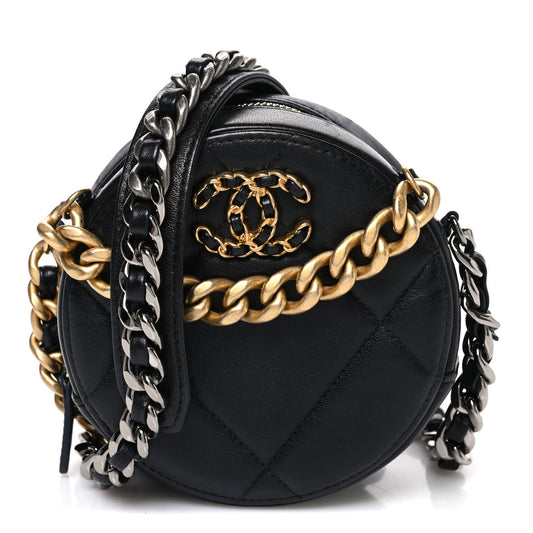 Lambskin Quilted Chanel 19 Round Clutch With Chain Black
