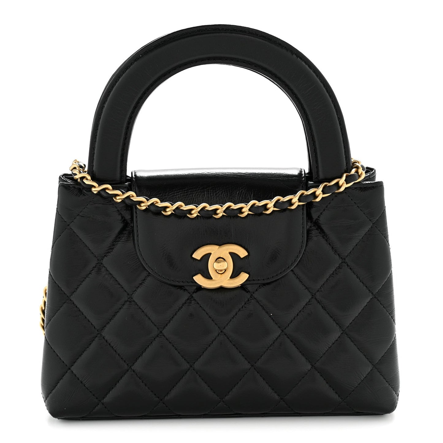 Shiny Aged Calfskin Quilted Nano Kelly Shopper Black