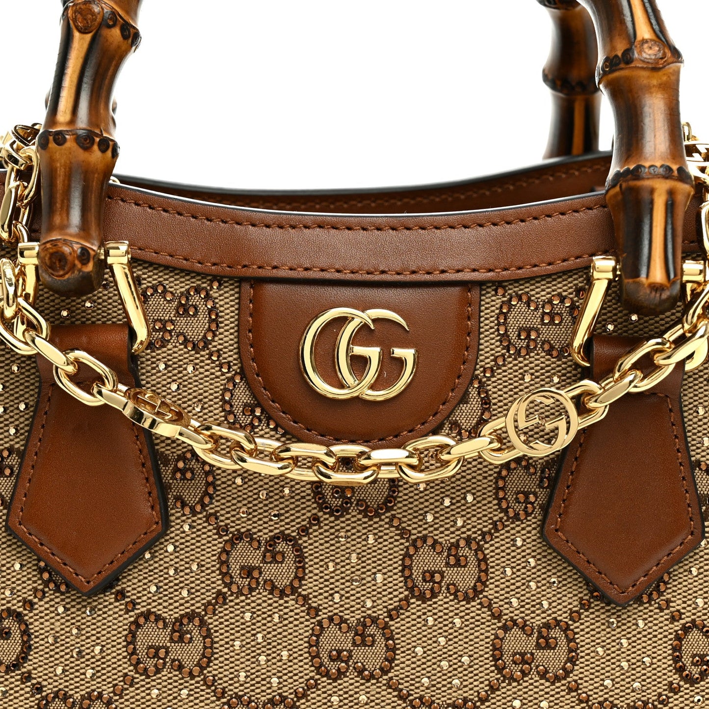 New Canvas Charisma Calfskin Crystal GG Monogram Mini Diana Tote Bag Camel Ebony