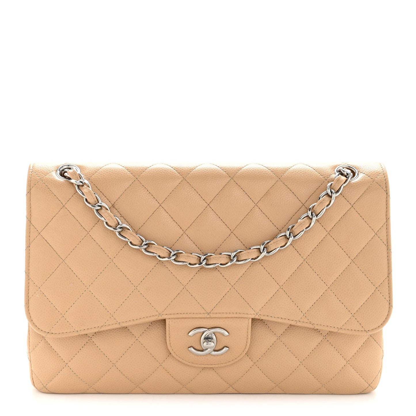 Caviar Quilted Jumbo Double Flap Beige Clair
