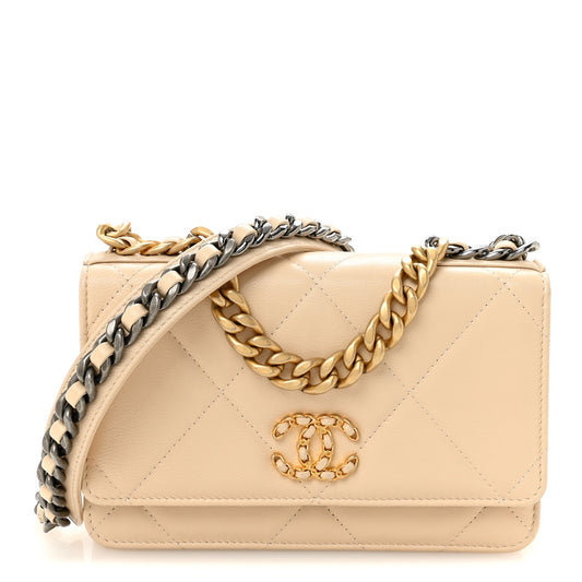 Lambskin Quilted Chanel 19 Wallet On Chain WOC Beige