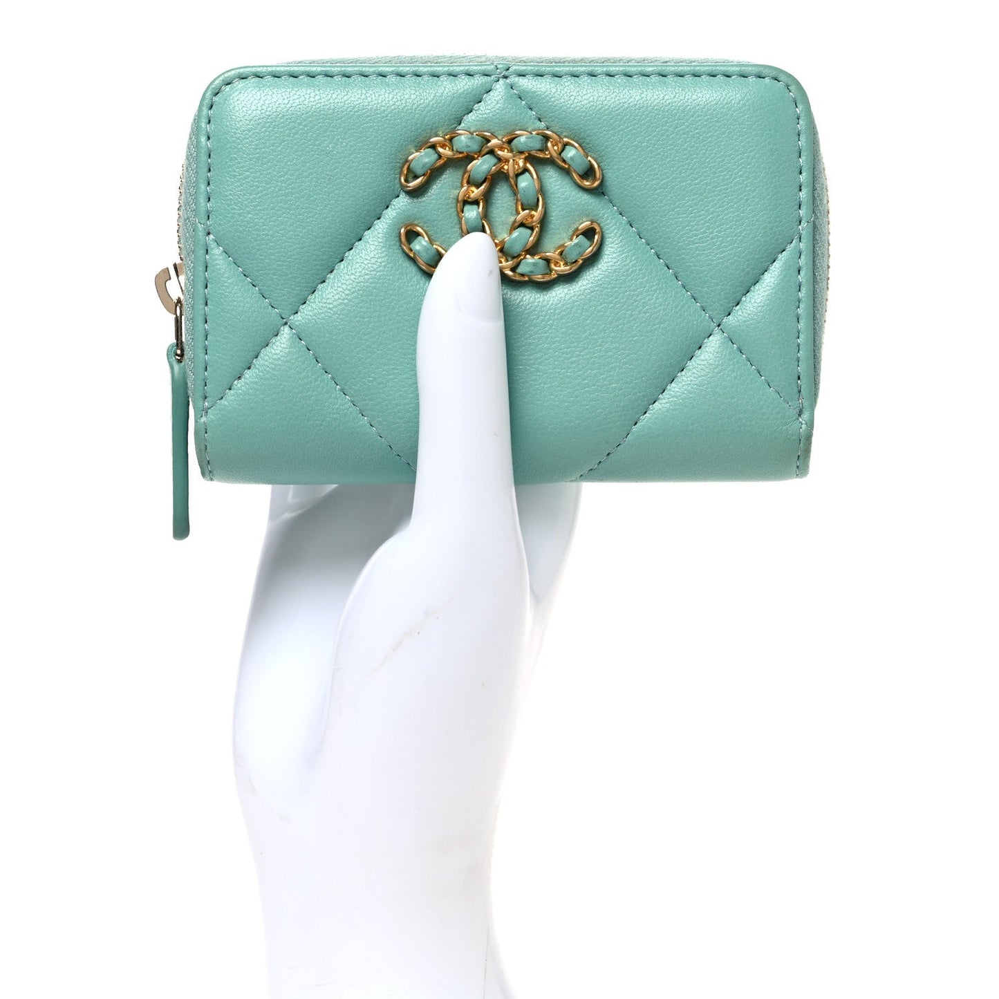 Lambskin Quilted Chanel 19 Zip Around Coin Purse Wallet Light Green