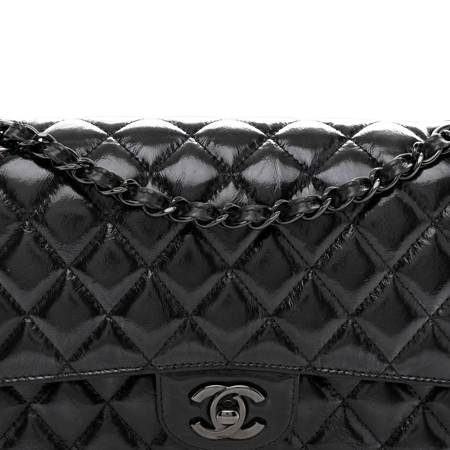 Shiny Crumpled Calfskin Quilted Medium Double Flap So Black