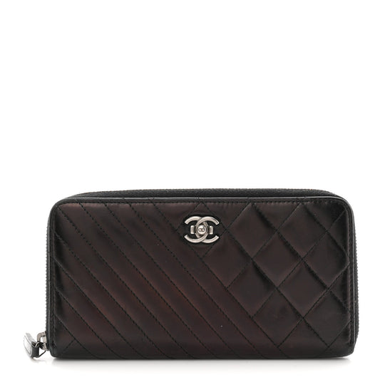 Glazed Calfskin Quilted Small Coco Boy Zip Around Wallet Black