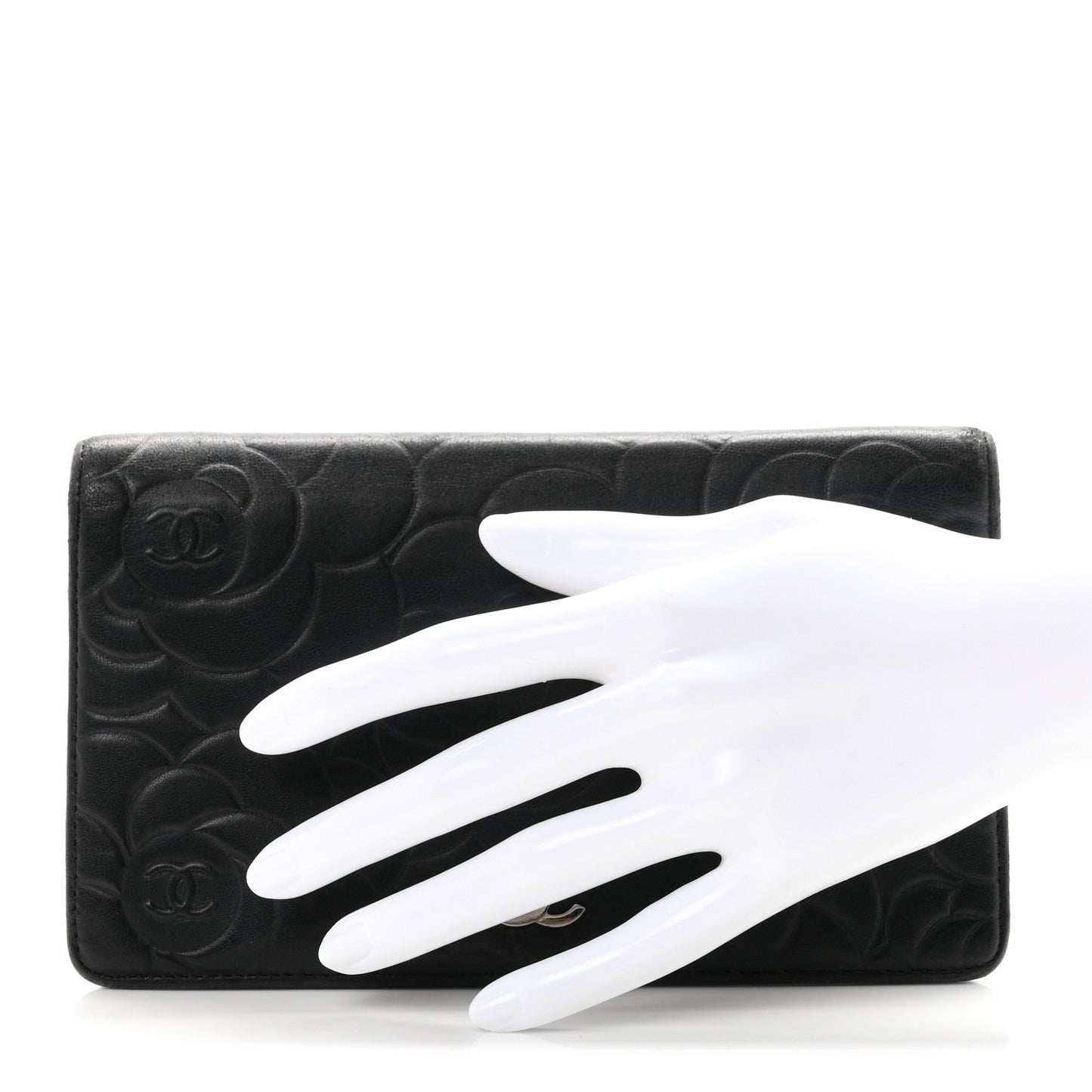 Lambskin Camellia Embossed Yen Wallet Black