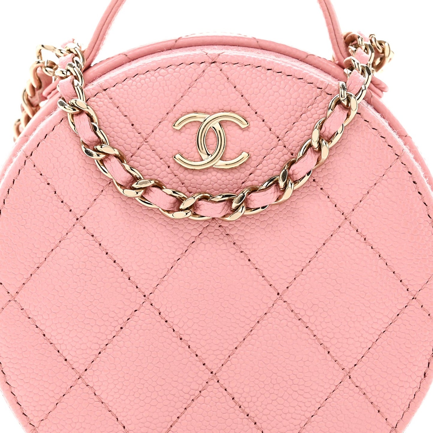Caviar Quilted Round Handle With Care Vanity With Chain Pink