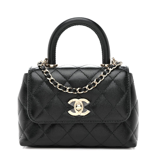 Caviar Quilted Coco Handle Clutch With Chain Black