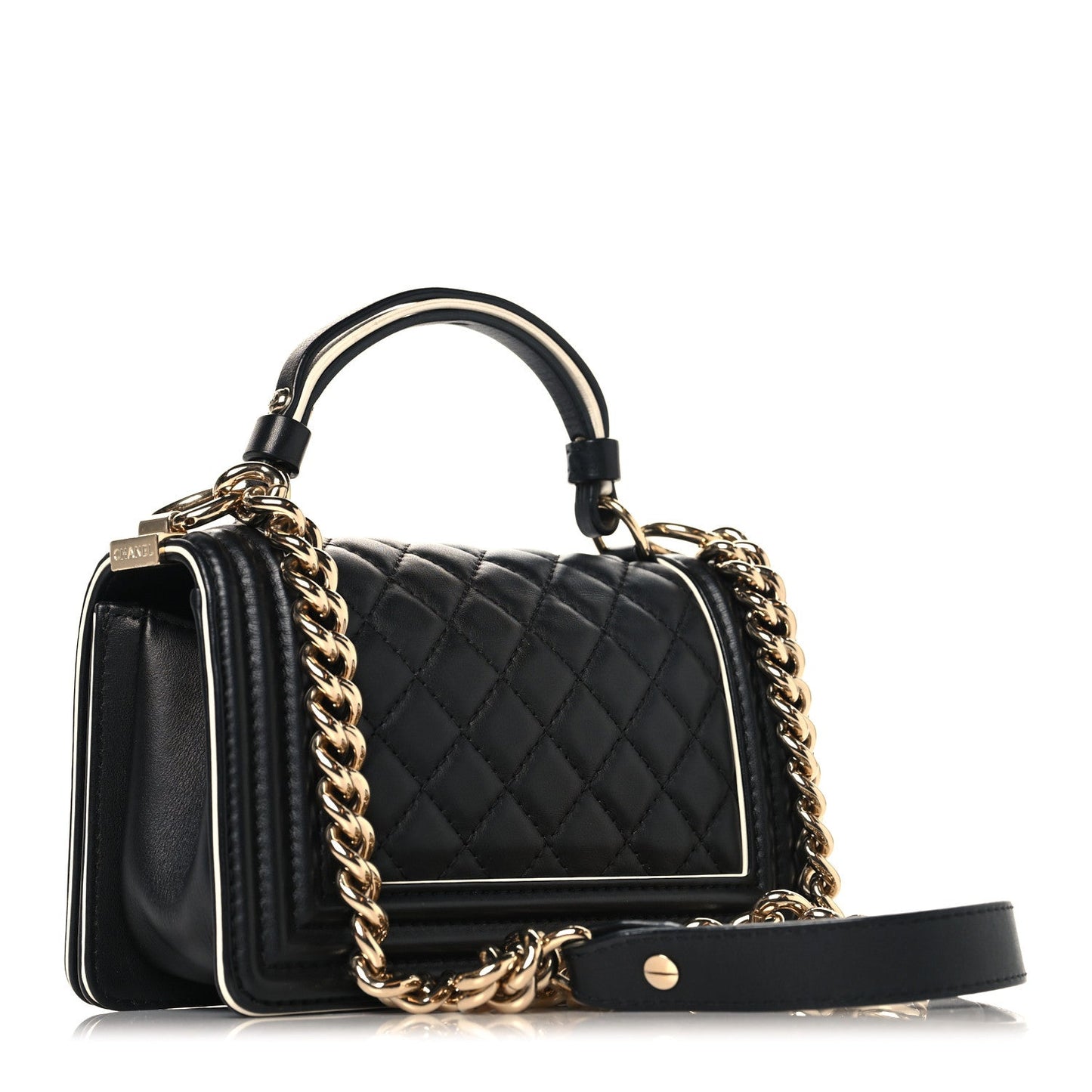 Calfskin Quilted Small Boy Top Handle Flap Black