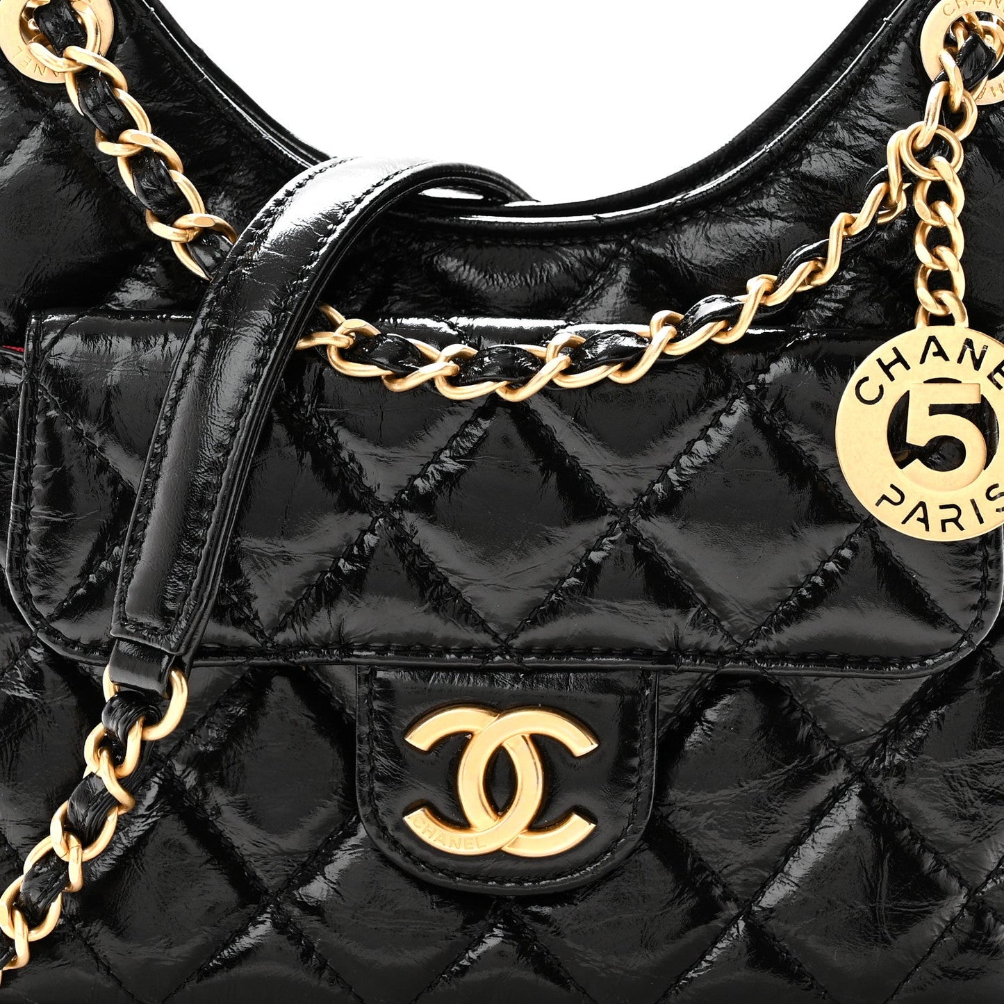 Shiny Crumpled Calfskin Quilted Small Wavy CC Hobo Black