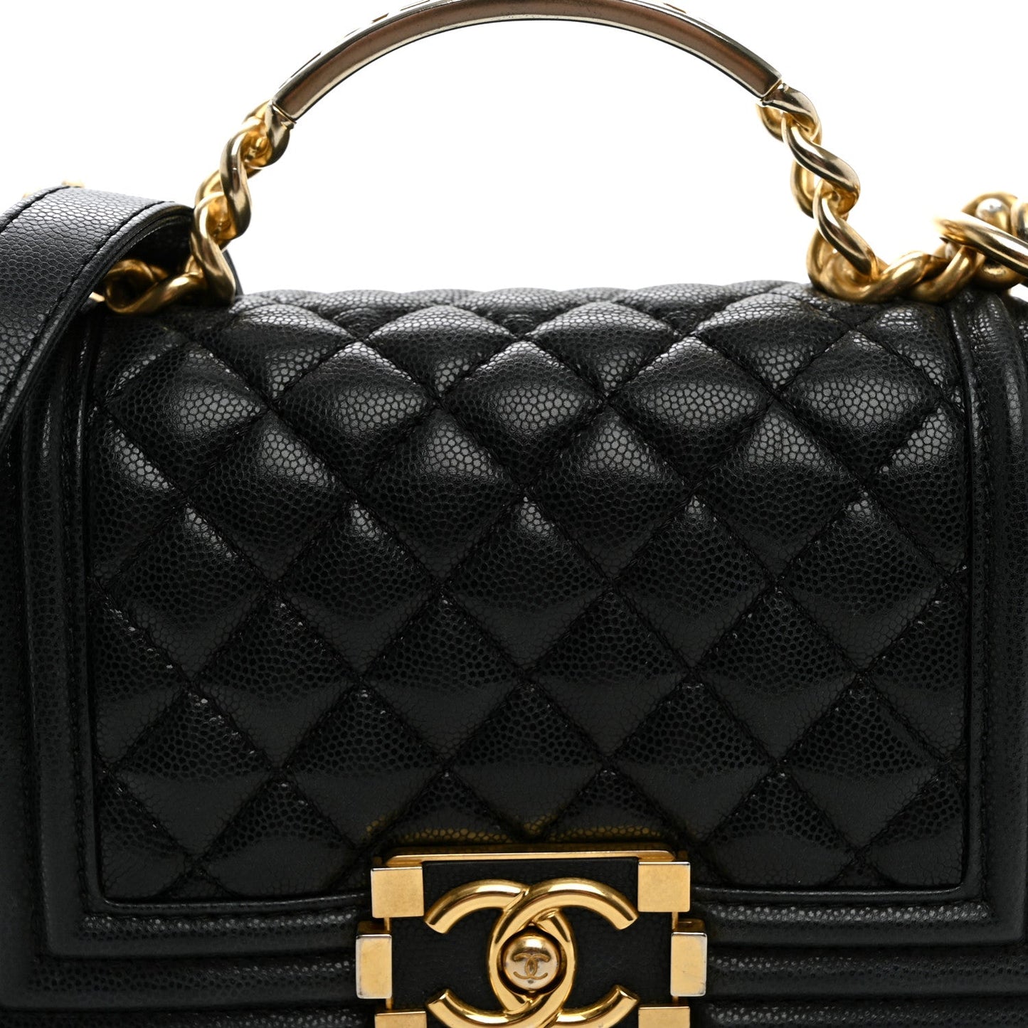 Shiny Caviar Quilted Small Top Handle Boy Flap Black