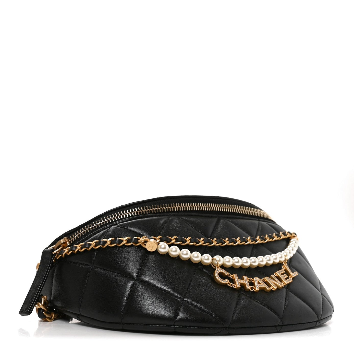 Shiny Lambskin Quilted Pearl Logo Waist Bag Black
