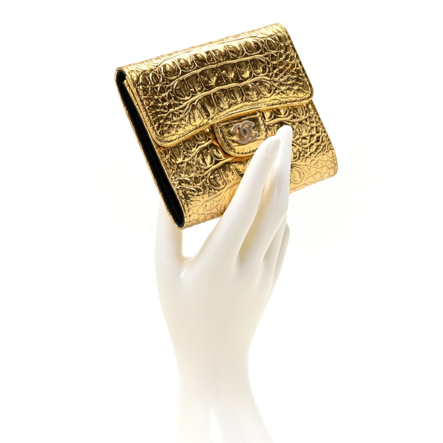 Metallic Calfskin Crocodile Embossed Cocodile Compact Flap Wallet  Gold