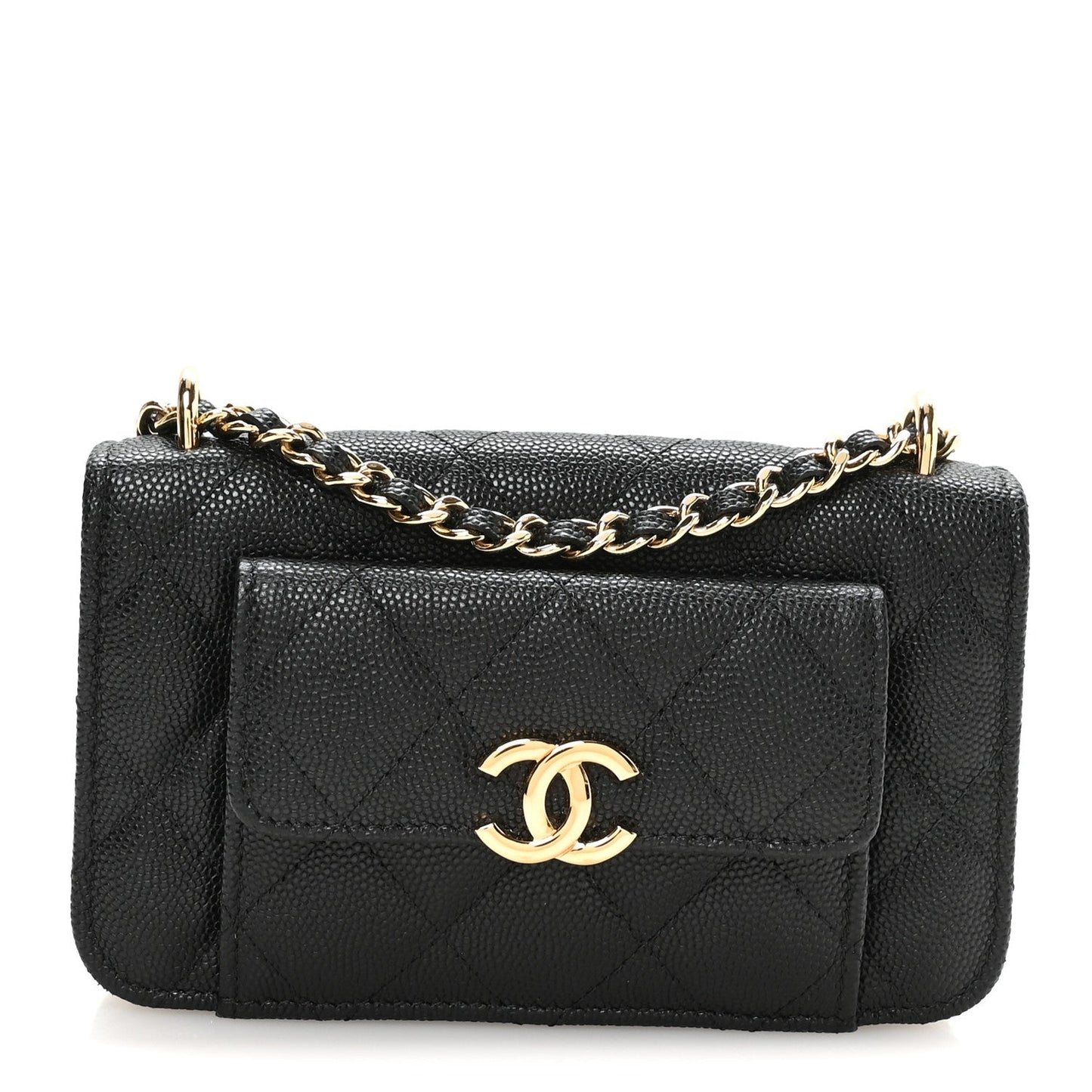 Caviar Quilted Pocket Twins Clutch With Chain  Black