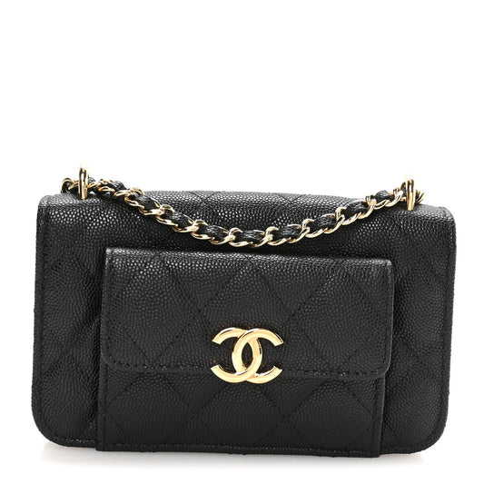 Caviar Quilted Pocket Twins Clutch With Chain  Black