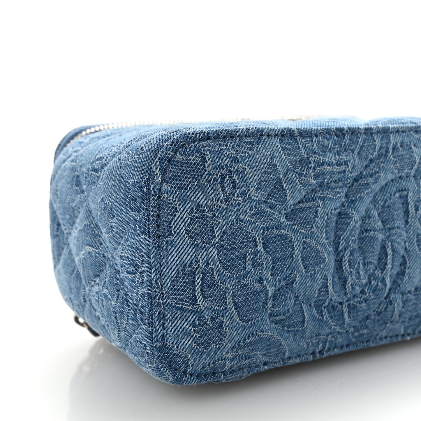 Denim Quilted Sweetheart Small Vanity Case With Chain Blue