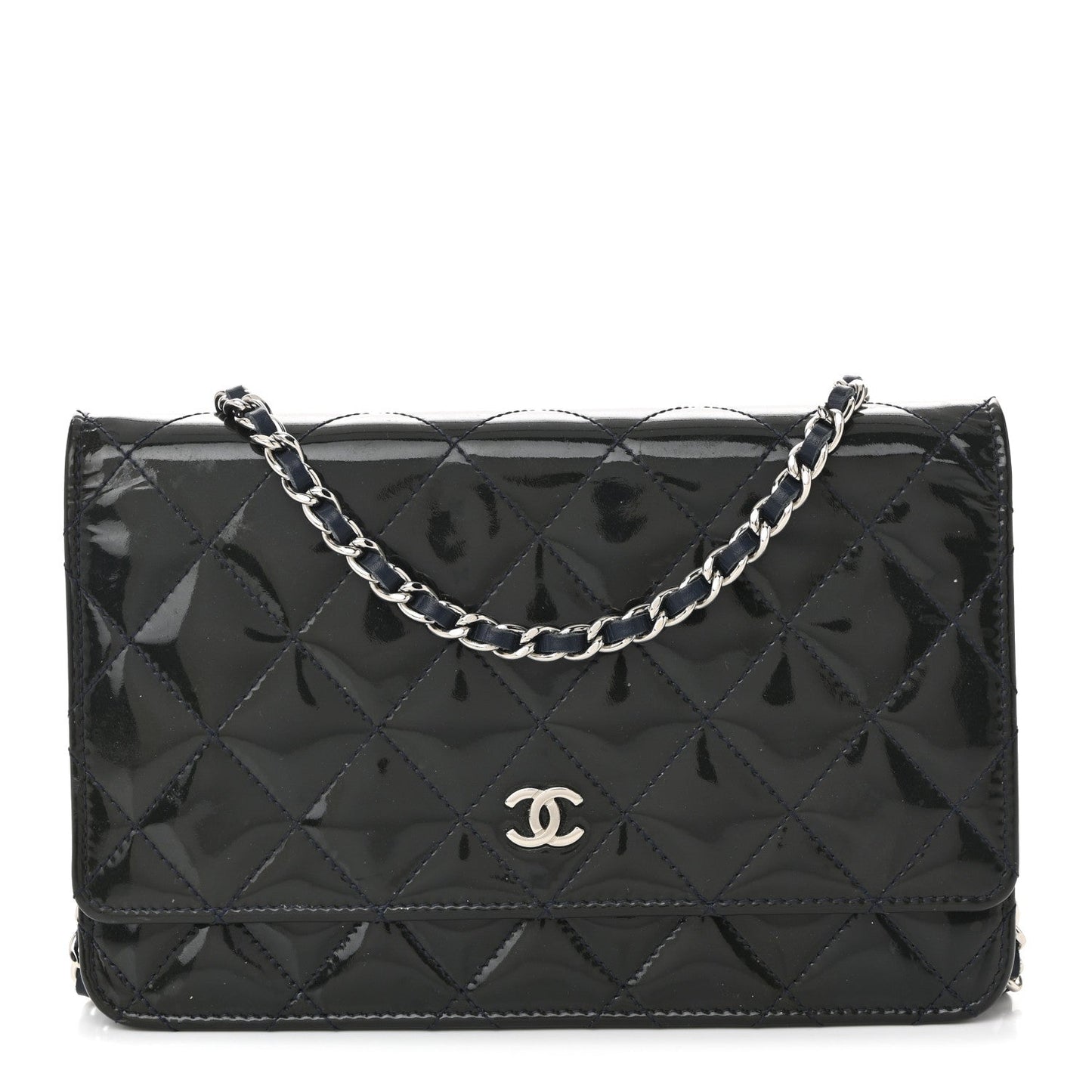 Patent Quilted Wallet On Chain WOC Navy Blue