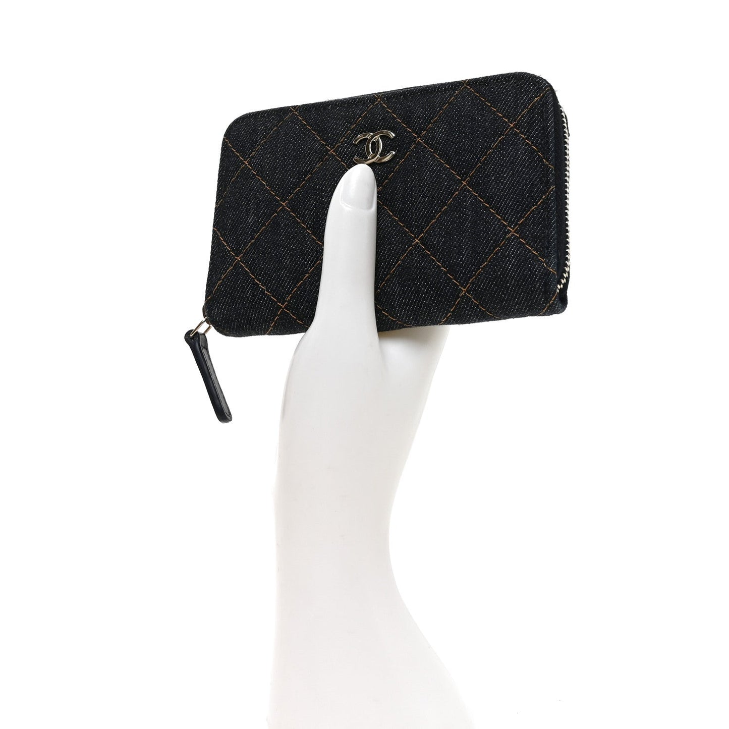 Denim Quilted Zip Coin Purse Dark Blue Orange