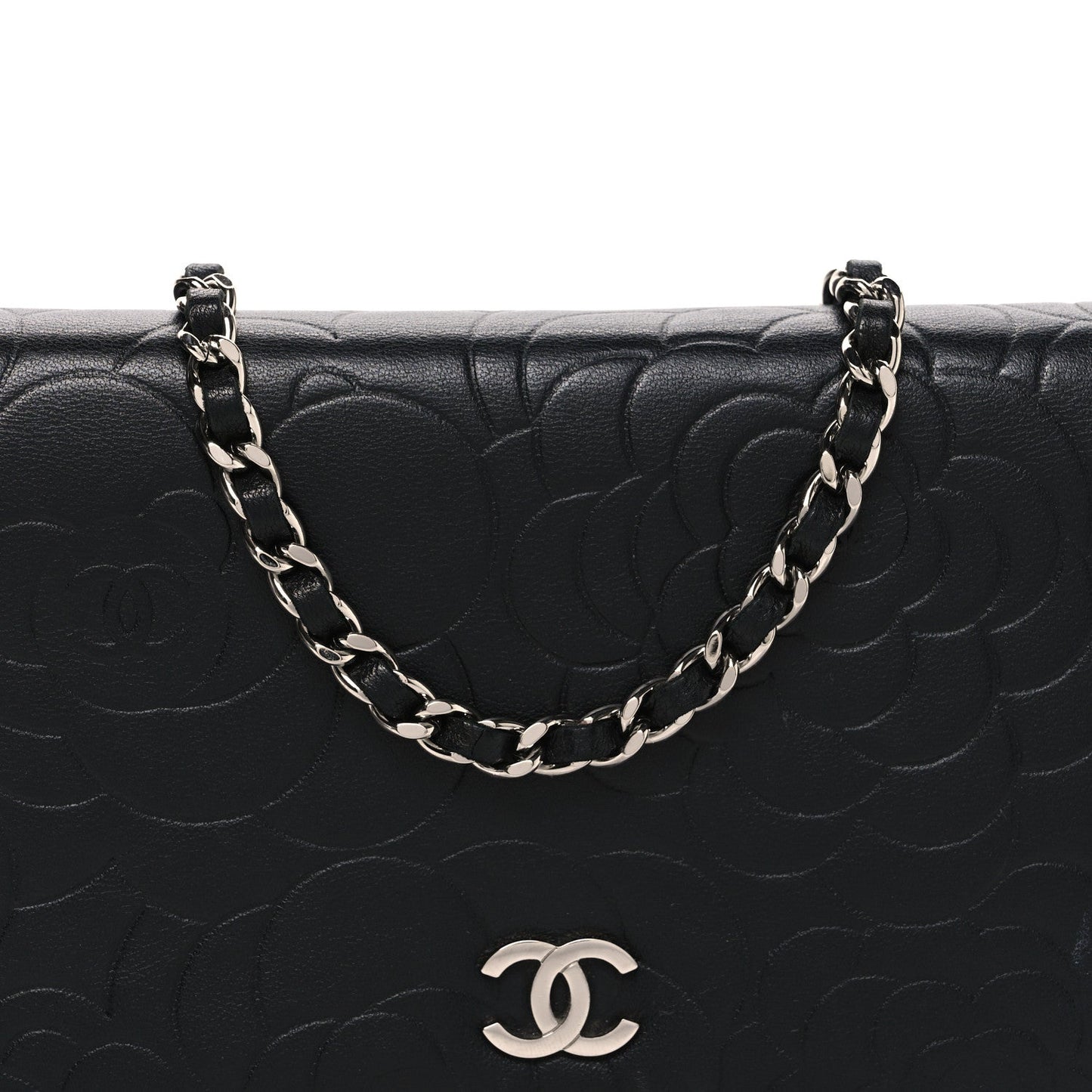 Lambskin Camellia Embossed Wallet on Chain WOC Black
