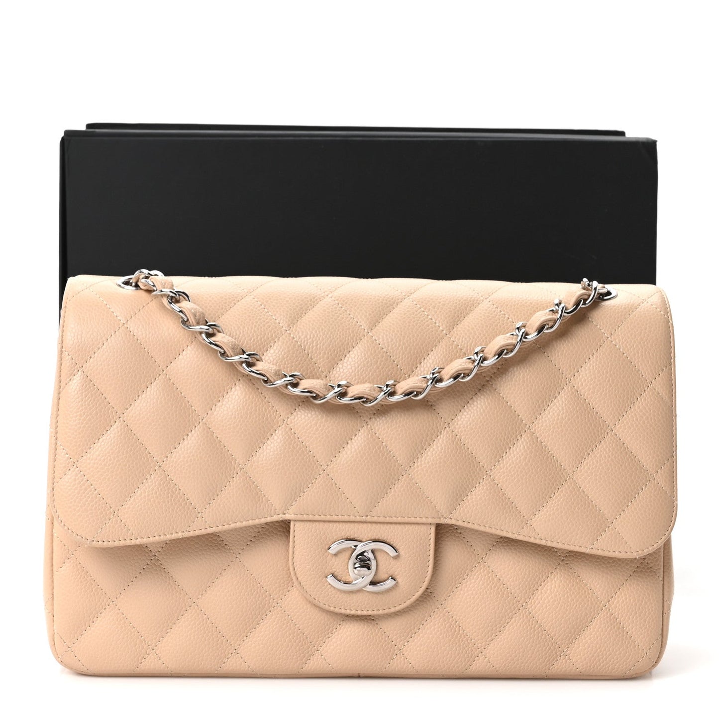 Caviar Quilted Jumbo Double Flap Beige Clair