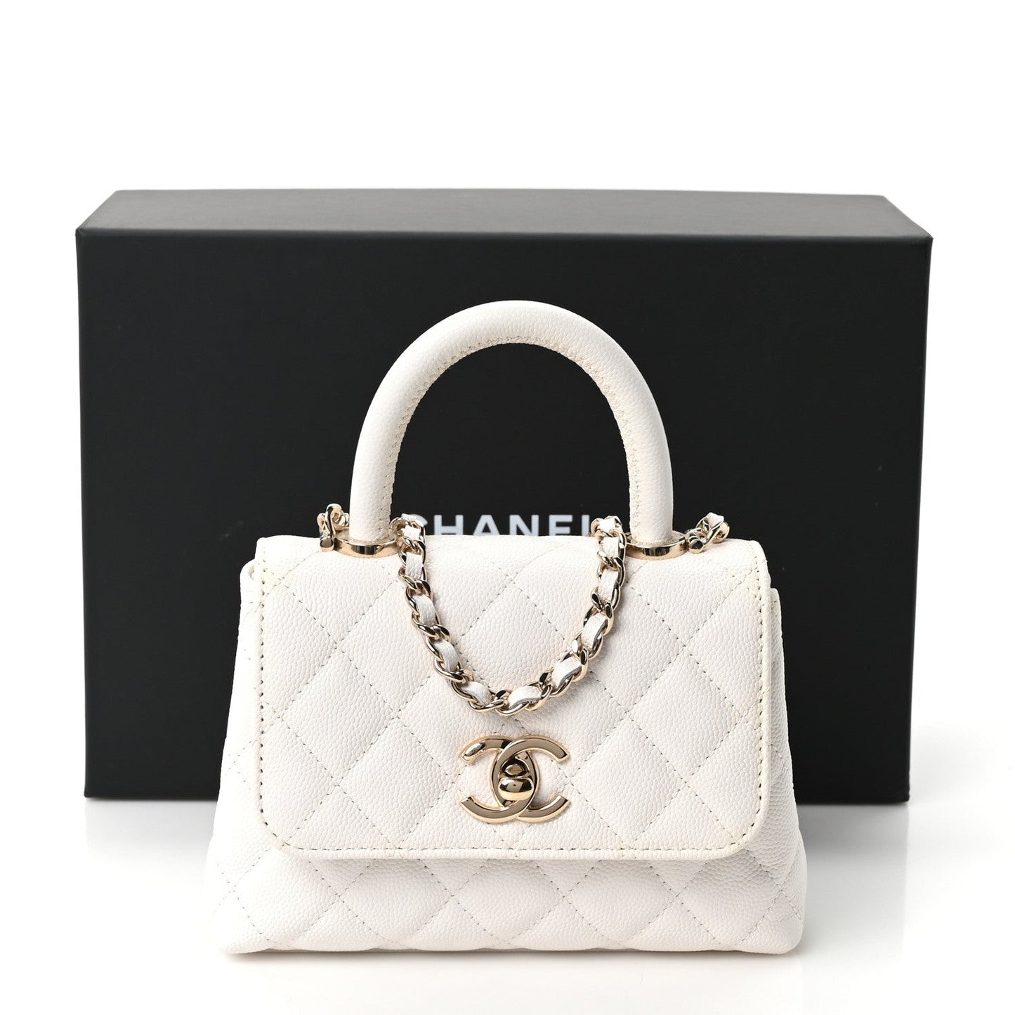 Caviar Quilted Coco Handle Clutch With Chain White