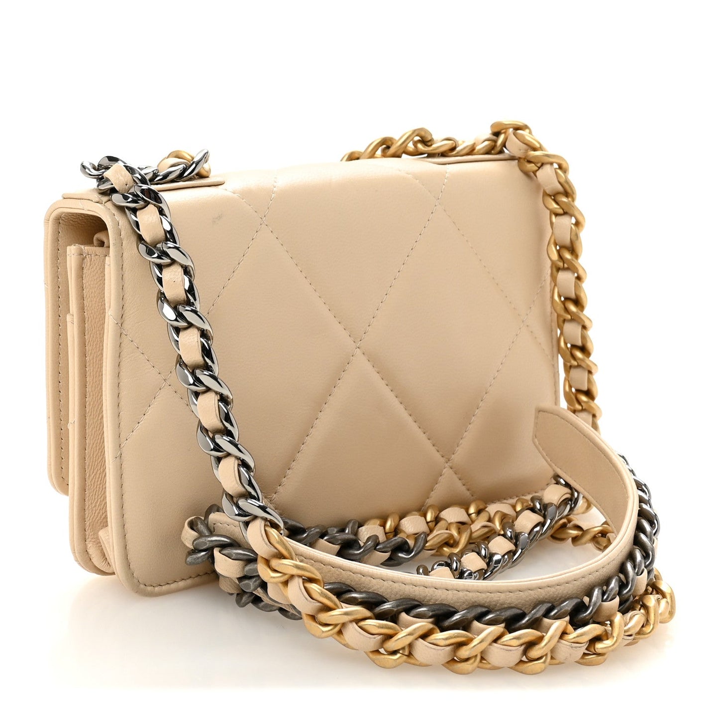 Lambskin Quilted Chanel 19 Wallet On Chain WOC Beige