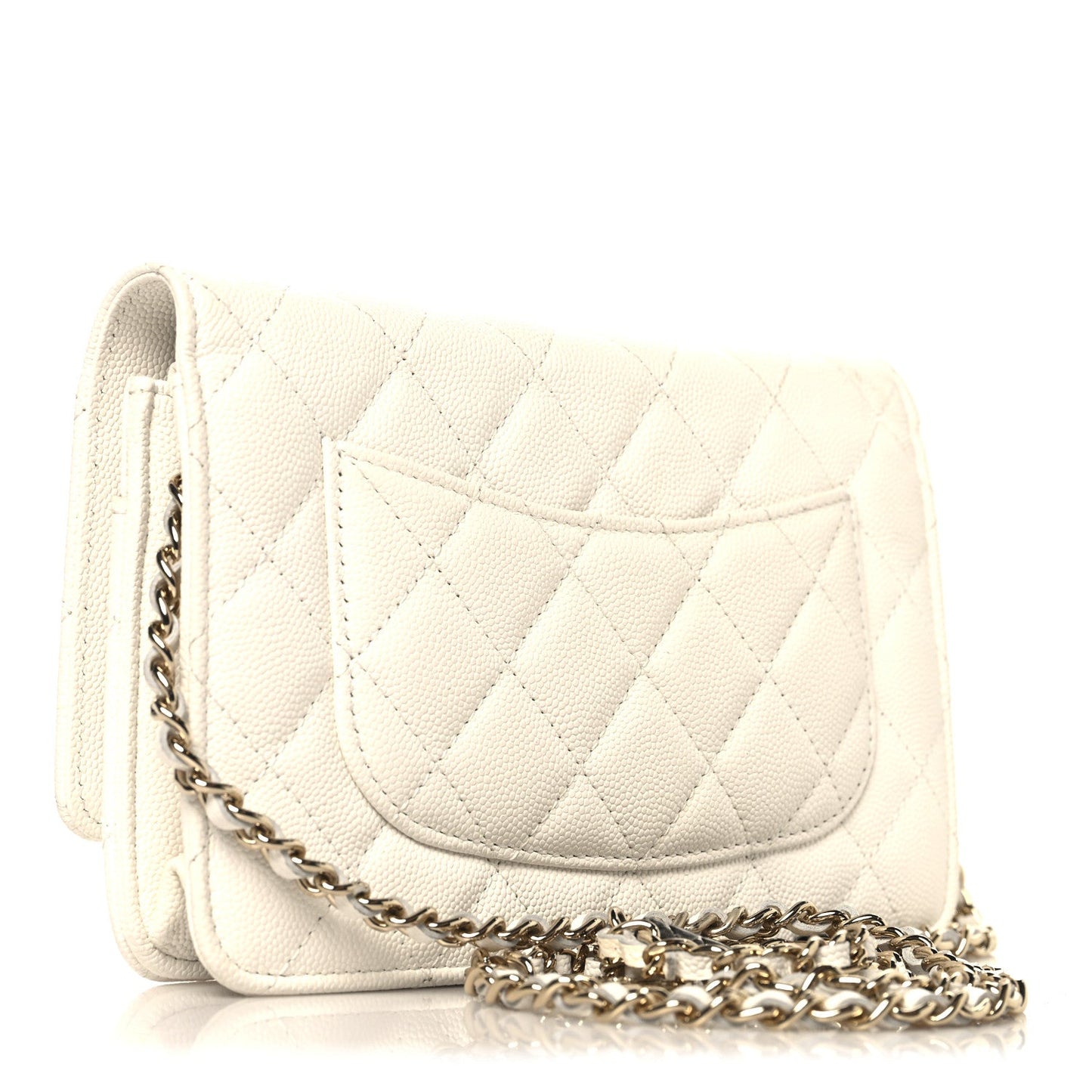 Shiny Caviar Quilted Flap Charm Wallet On Chain WOC White