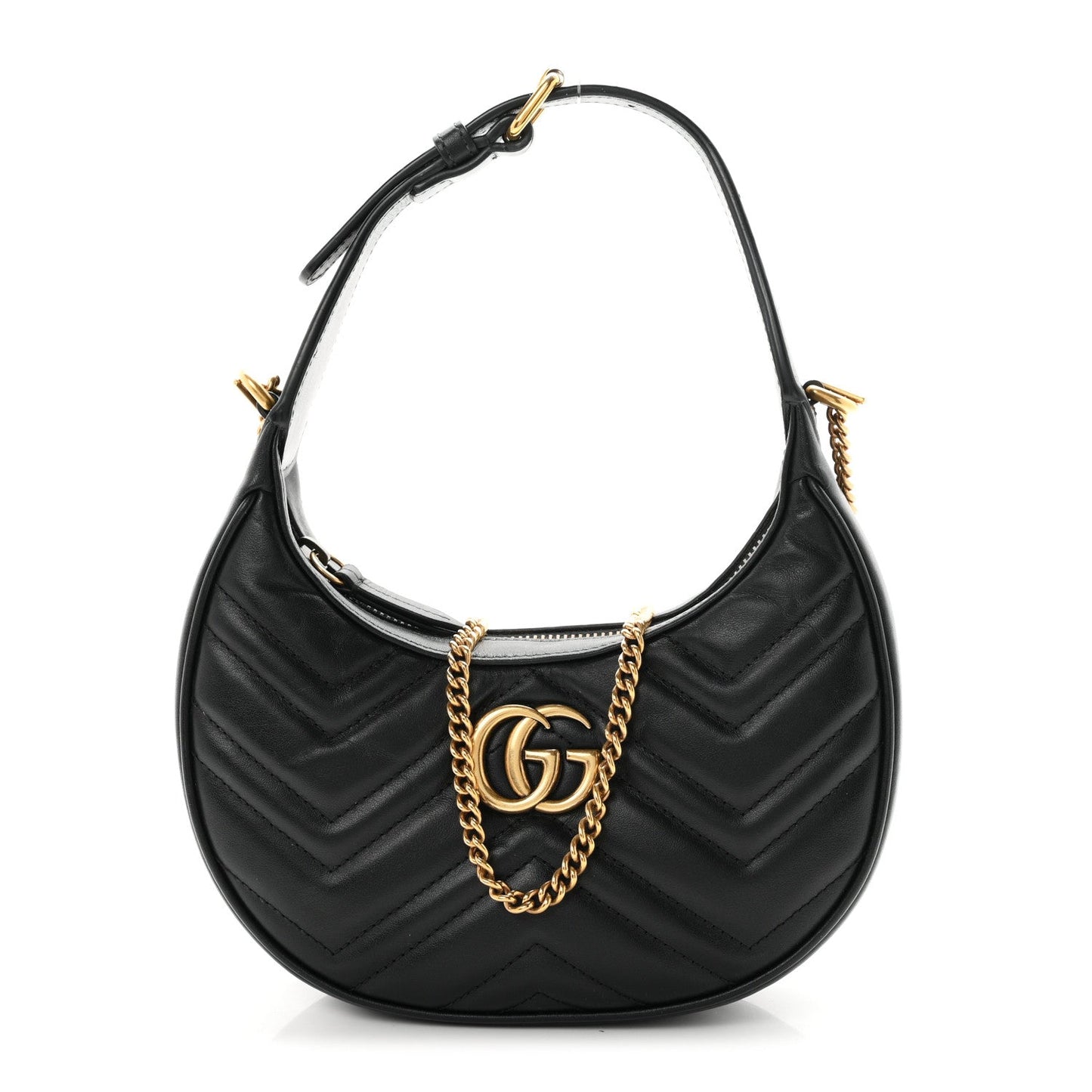 Calfskin Matelasse Chevron Mini GG Marmont Half Moon Hobo Black