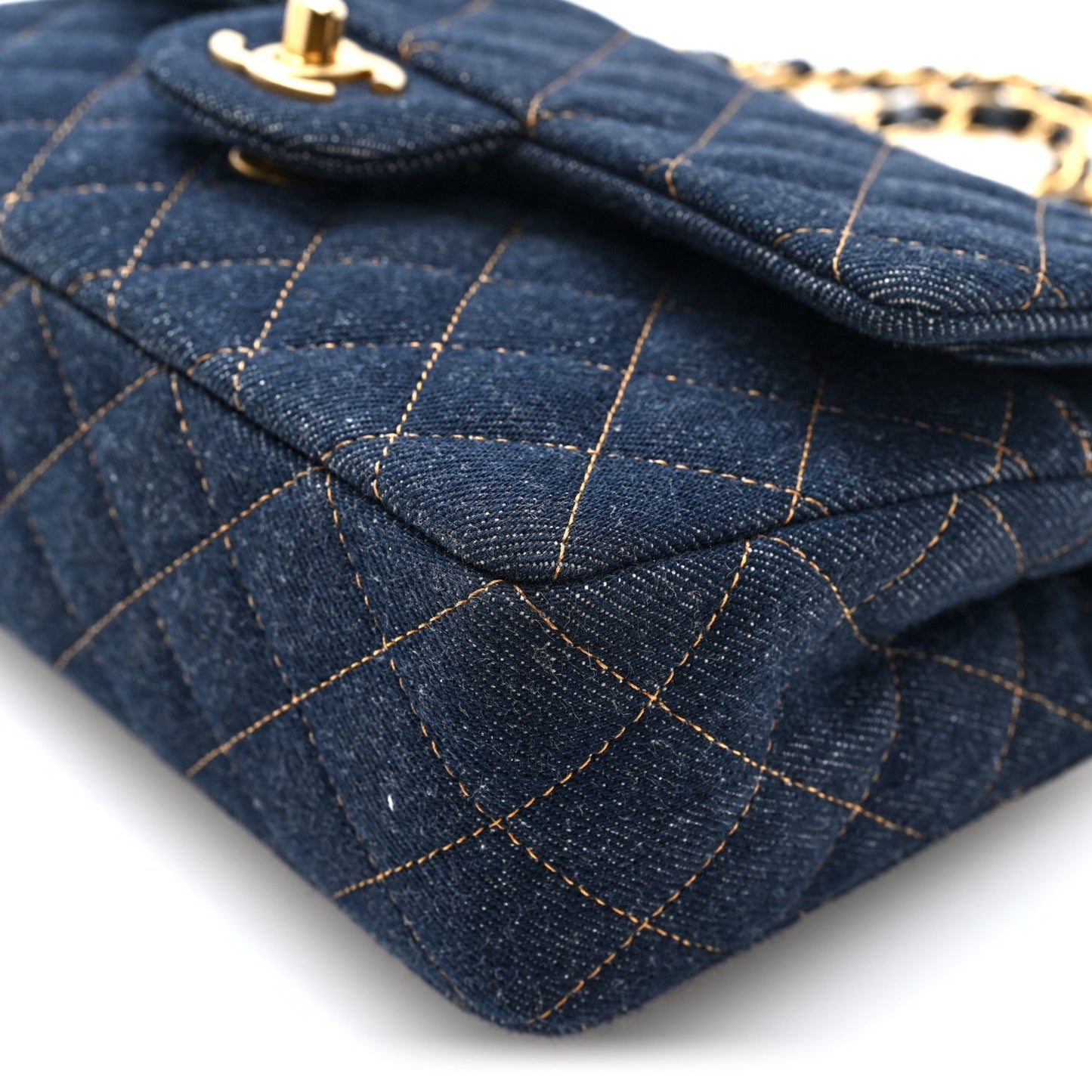 Denim Quilted Small Double Flap Dark Blue Orange