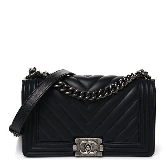 Calfskin Chevron Quilted Medium Boy Flap Black