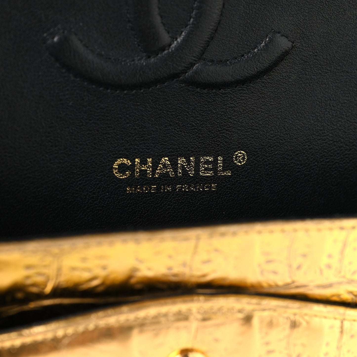 Metallic Calfskin Crocodile Embossed Cocodile Medium Double Flap Gold