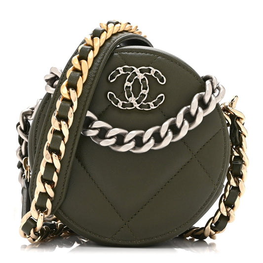 Lambskin Quilted Chanel 19 Round Clutch With Chain Khaki