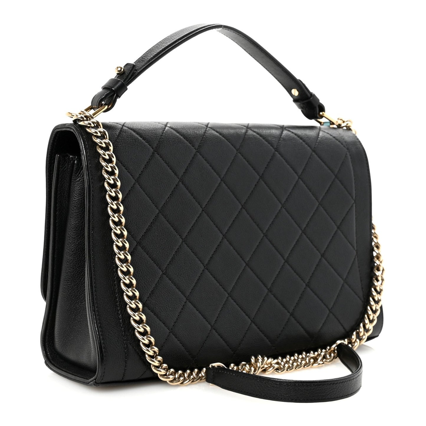 Grained Calfskin Quilted Large Label Click Flap Bag Black