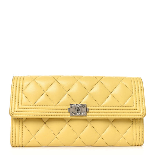 Lambskin Quilted Large Boy Flap Wallet Yellow