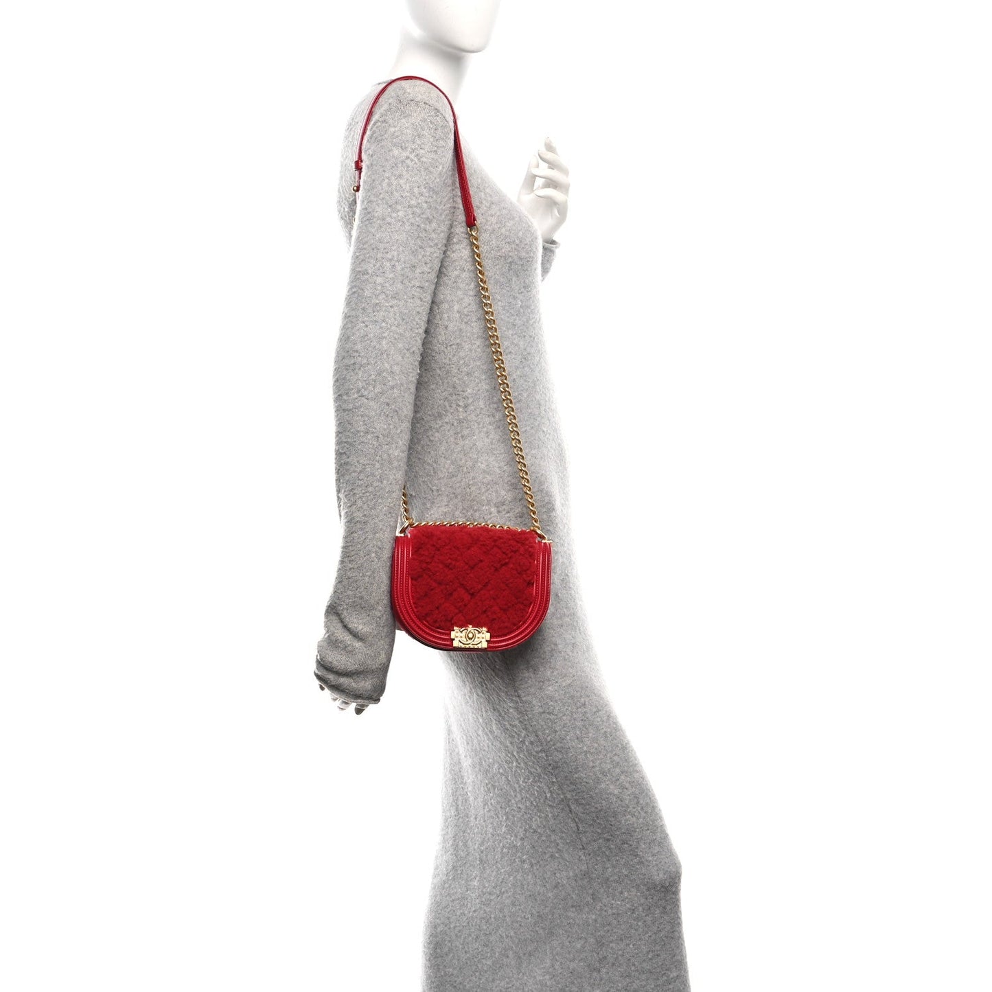 Calfskin Shearling Quilted Small Boy Messenger Bag Red