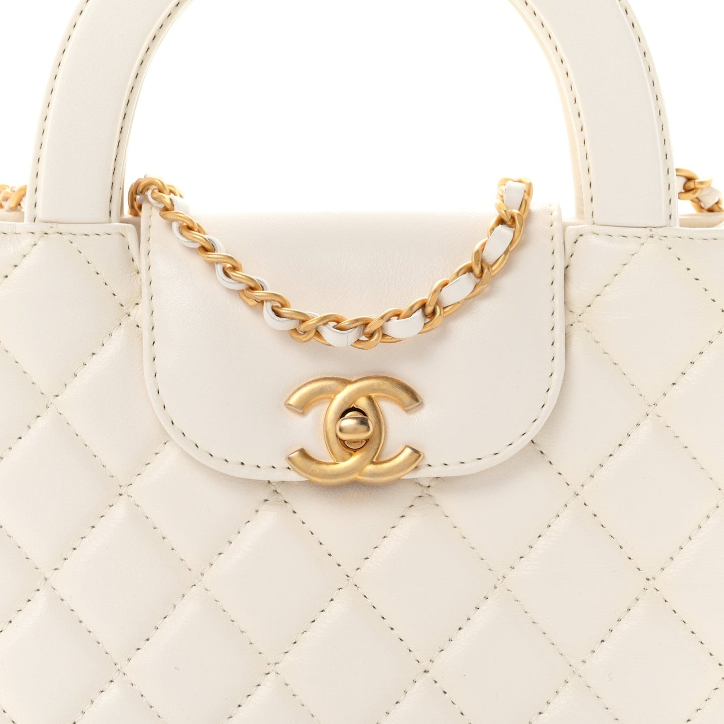 Shiny Aged Calfskin Quilted Nano Kelly Shopper White