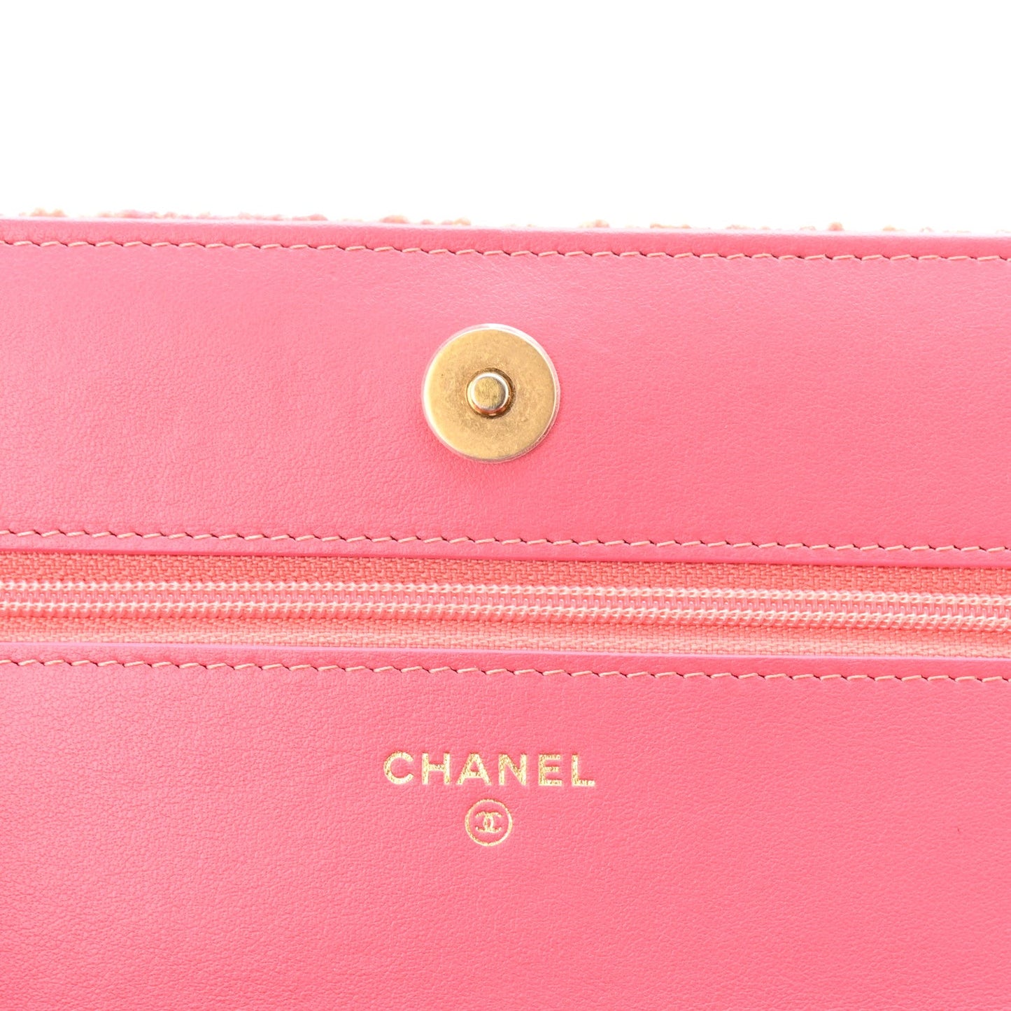 Wool Tweed Lambskin Quilted Chanel 19 Wallet On Chain WOC Coral Pink
